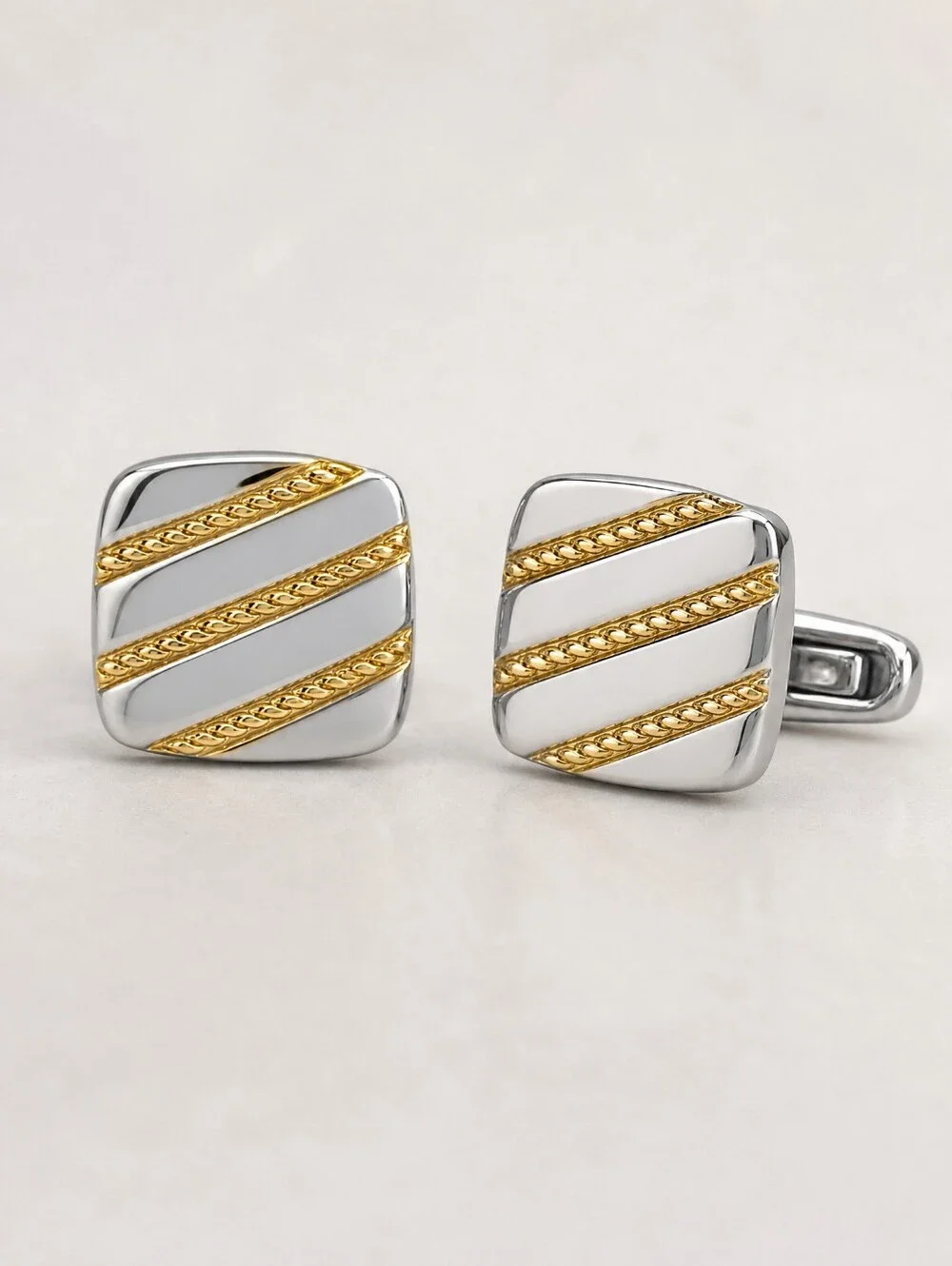 Roundtree & Yorke Silver & Gold Diagonal Stripe Cufflinks | Square Textured